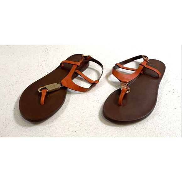Tory Burch Women's Orange Sandals Leather Padlock Flat Logo Ankle T Strap 6M - Picture 2 of 6